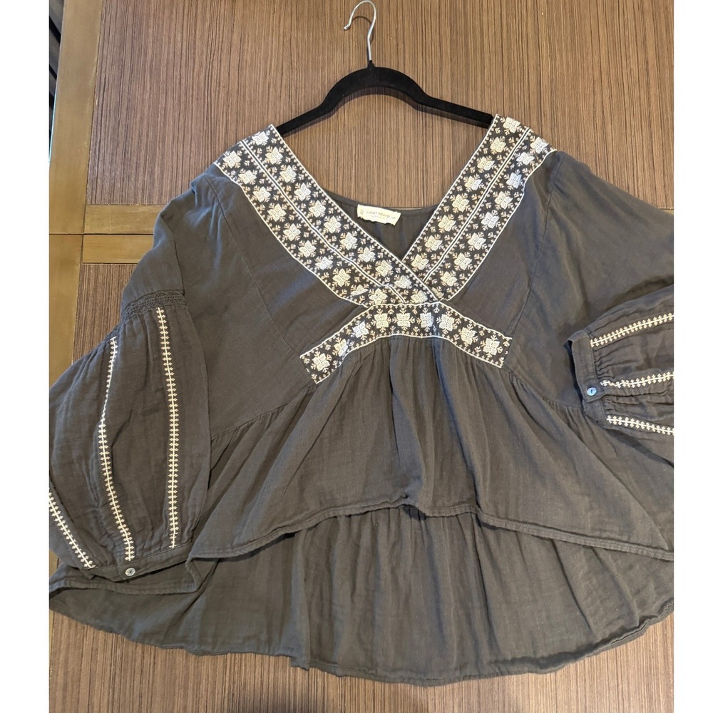 Lucky Brand Peasant Blouse XXL Charcoal Grey Embroidered Cotton Gauze Boho Top